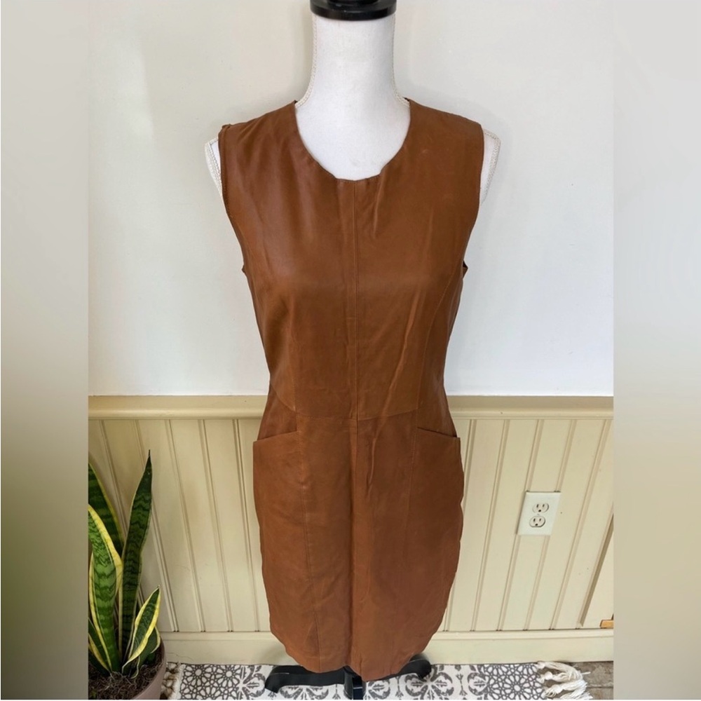 Vintage SAS Sportswear Cognac Brown Genuine Leather Shift Dress Zipper Size 6
